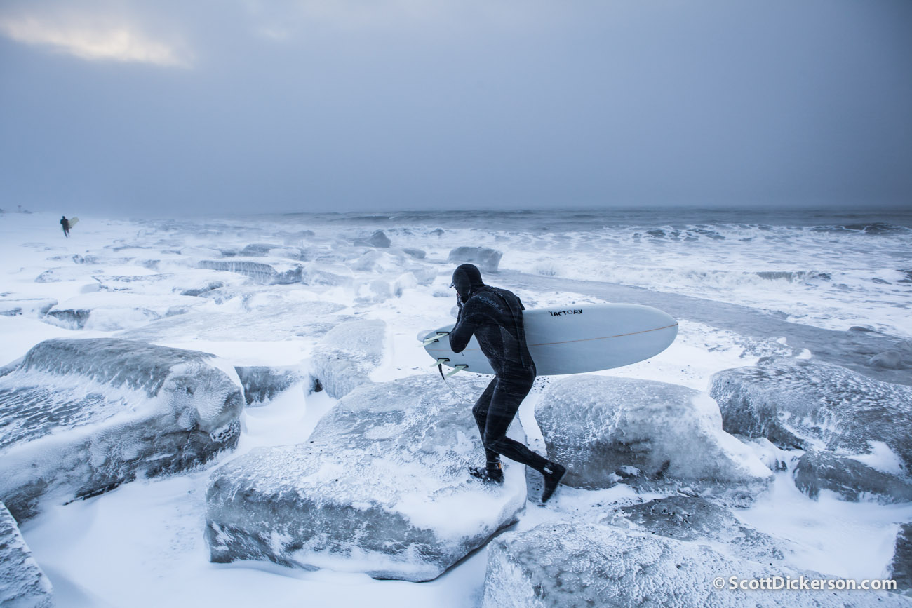 Gart Curtis surfing Alaska in winter.